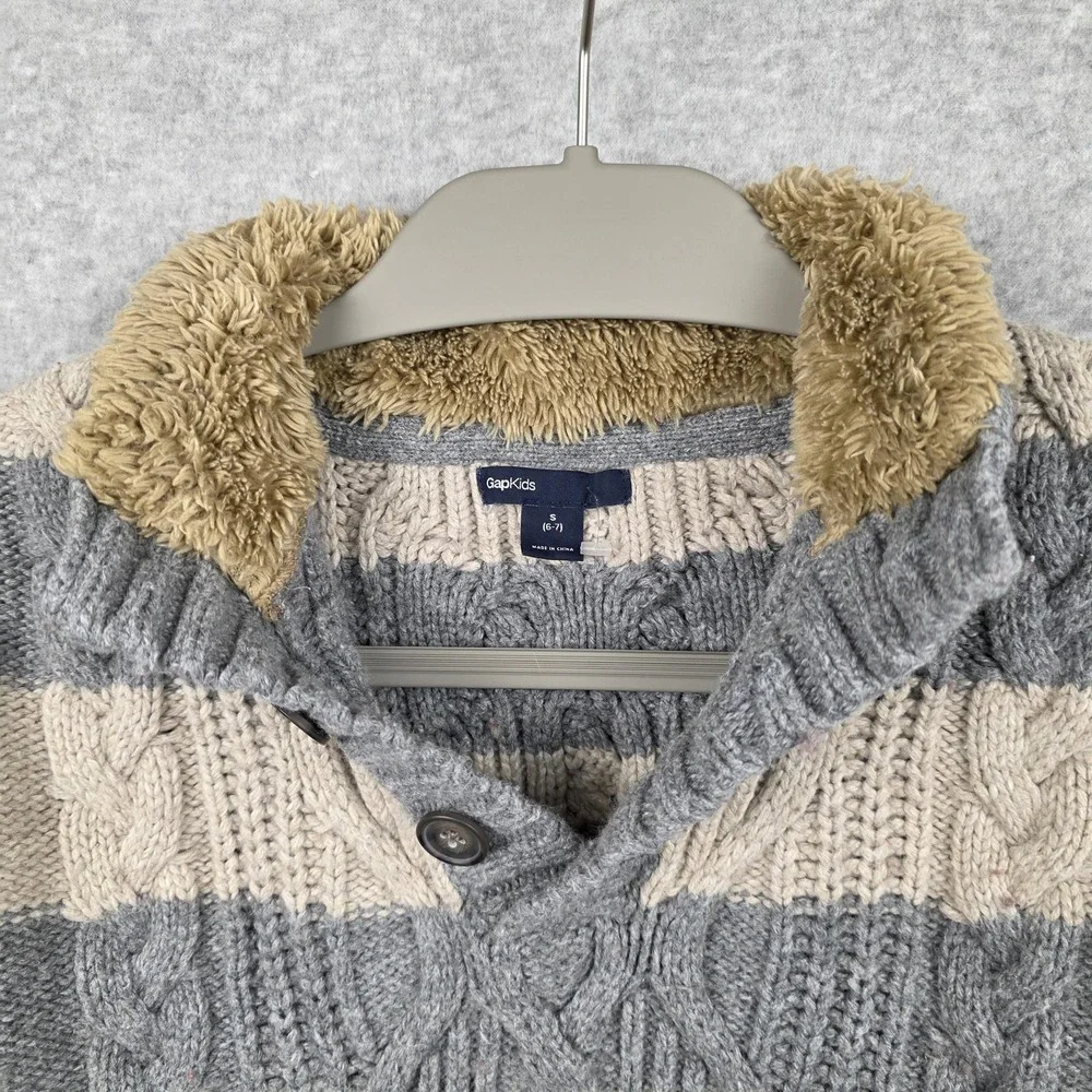 GapKids Sweater Boys Small 6-7 Gray Beige Stripe Shawl Collar‎ Cable Knit Warm